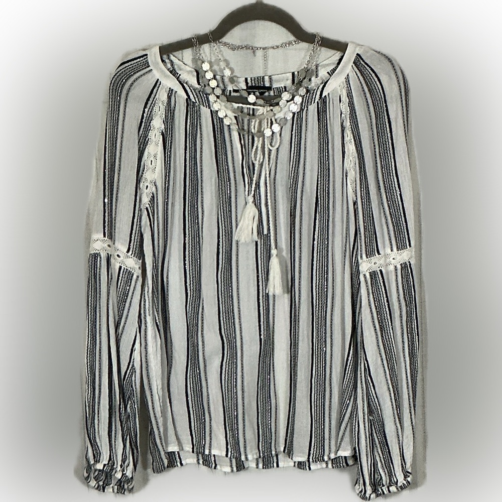 INC International Concepts Striped Peasant Blouse Tassel Tie Medium